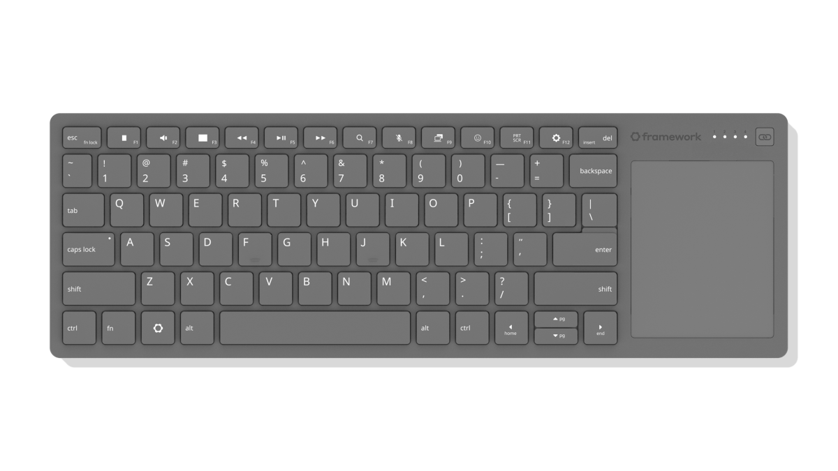 Framework's first portable keyboard with touchpad peripheral against a stark white background.