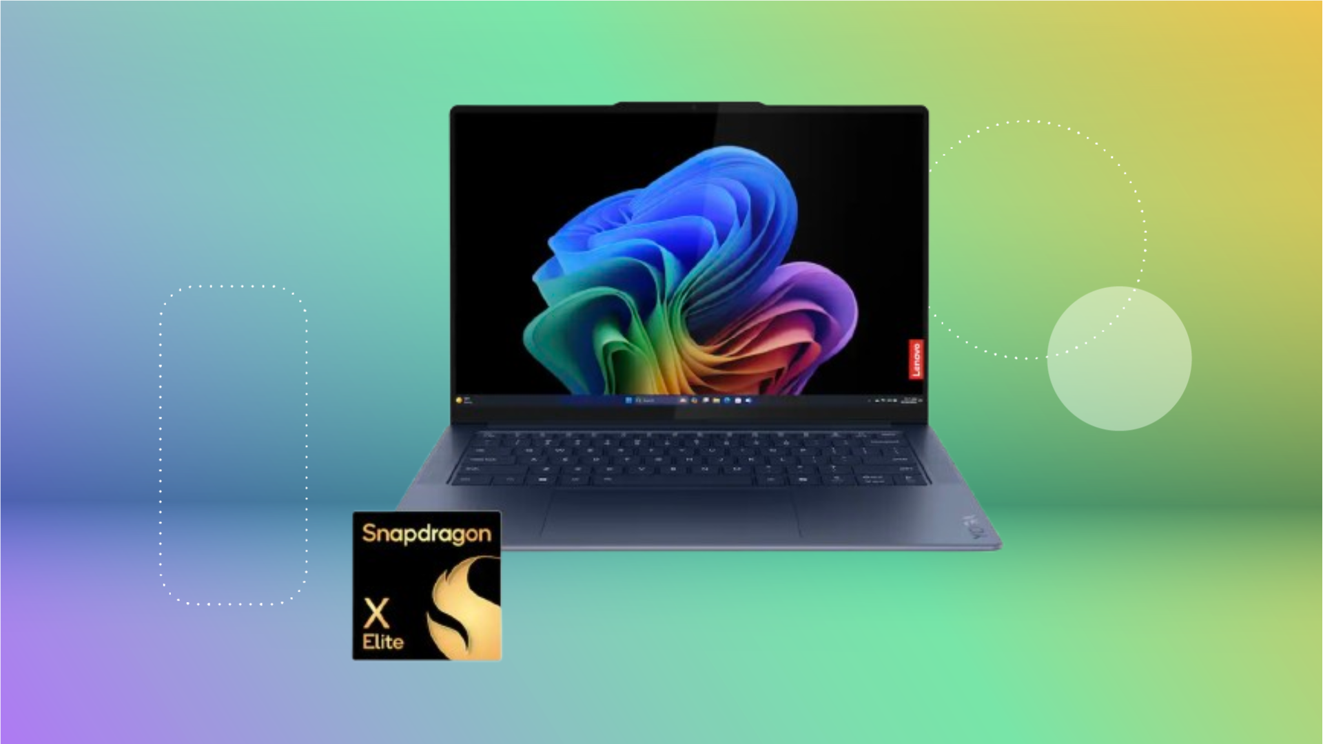From left: Snapdragon chip, black Lenovo laptop against purple, blue and green CNET background.