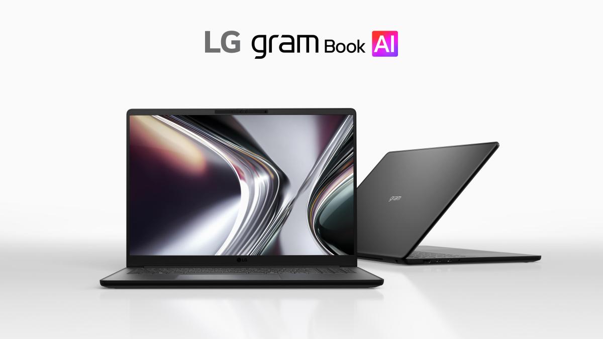 The LG Gram Book faces screen-forward, with another half-folded unit positioned next to it. LG Gram Book AI branding appears above the computers.