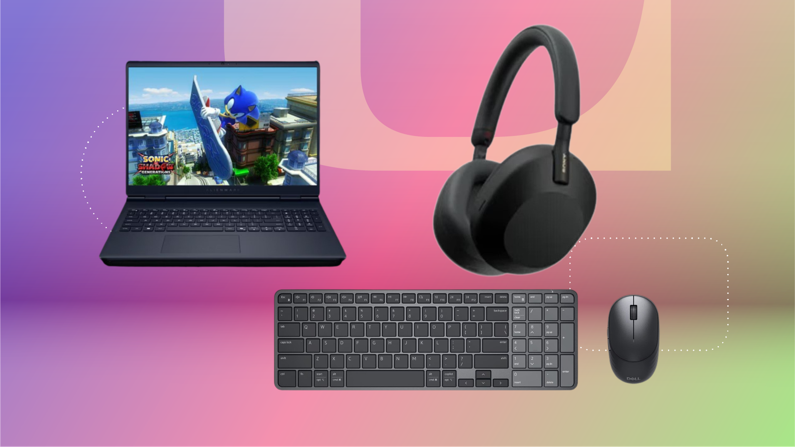Dell laptops and accessories against CNET commerce background.