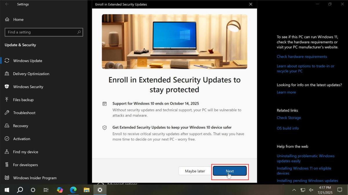 a screenshot of the enrollment wizard for the Windows 10 Extended Security Updates program