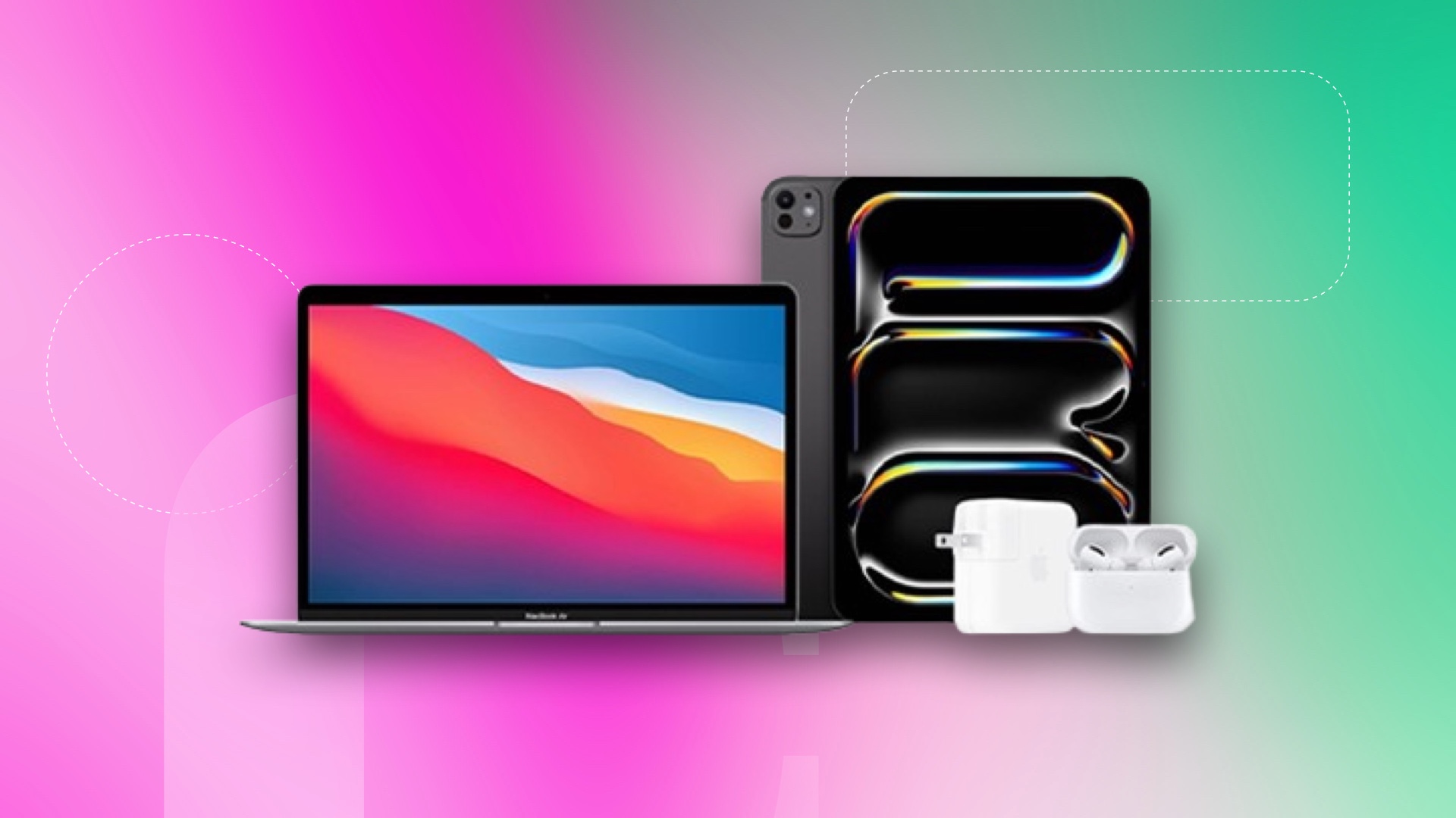 Apple laptop and tablet on a purple and green background