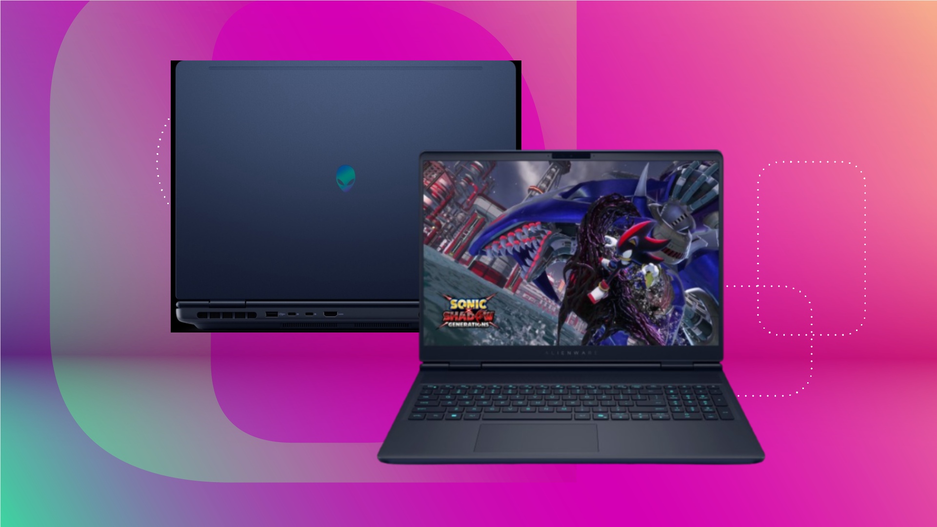 Alienware gaming laptops displayed against a gradient fuschia background
