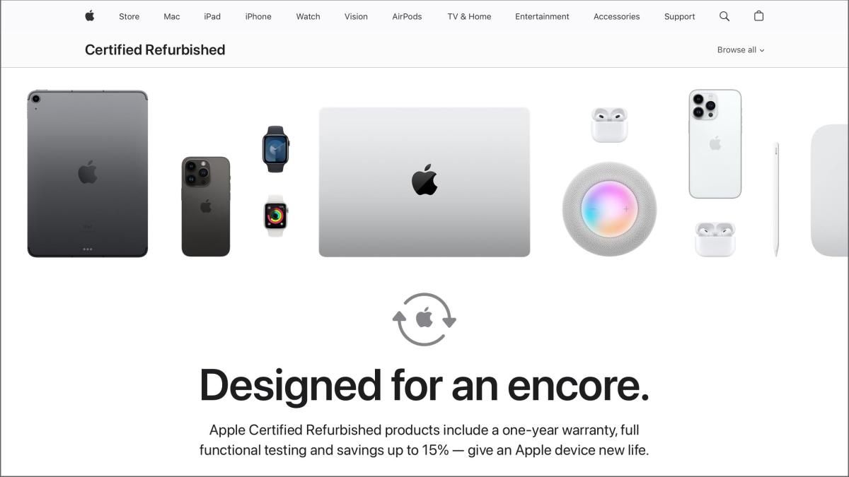 Captura de tela da loja Apple Refurbished na web mostrando produtos Apple e as palavras Designed for an encore
