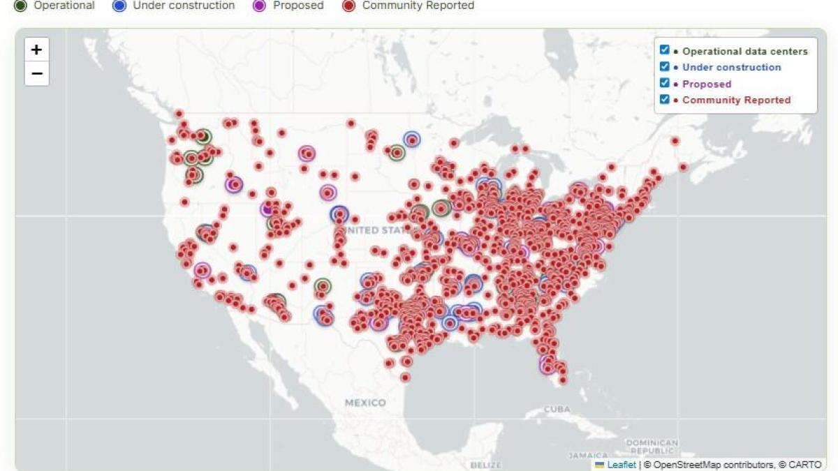 A map of the United States that points to thousands of data center locations with red dots. The categories are Operational, Under construction, Proposed and Community Reported.
