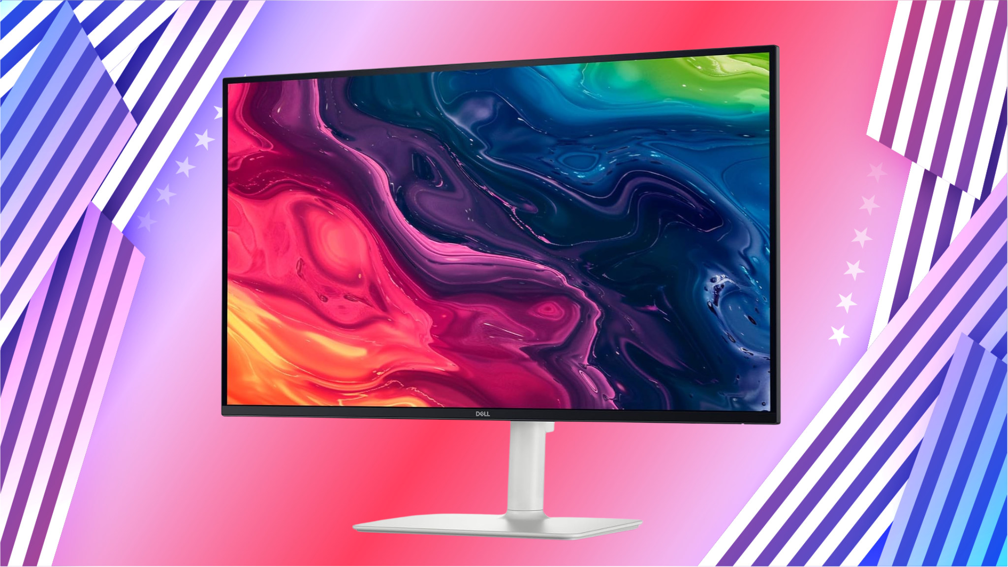 The Dell 27 Plus 4K Monitor (S2725QS) is shown on a red, white and blue background.