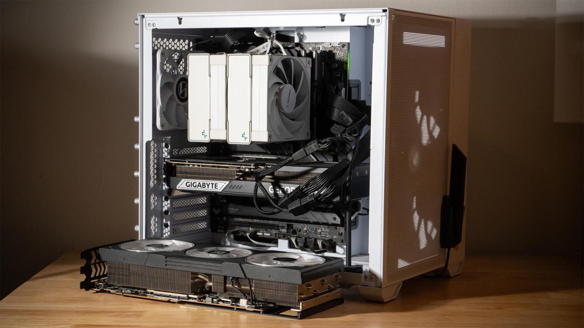 A PC with the side open and the graphics card removed.