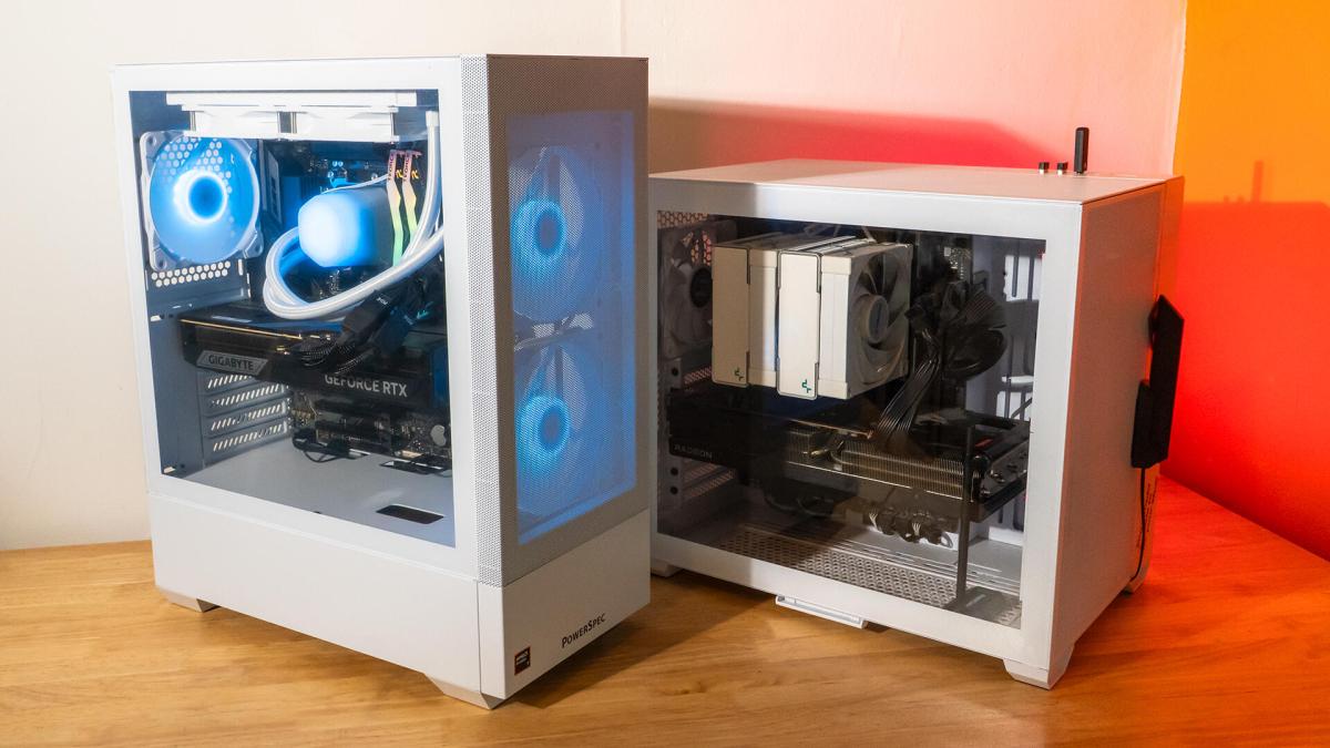 Two PCs side by side on a desk.