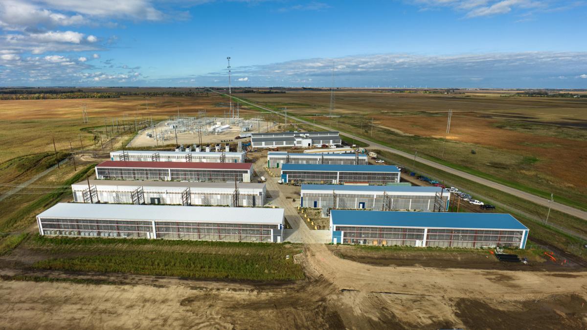 Aerial shot of a data center for cryptocurrency mining, cloud services and AI computing in a large, temperature controlled warehouse in a remote location in Stutsman County, North Dakota.