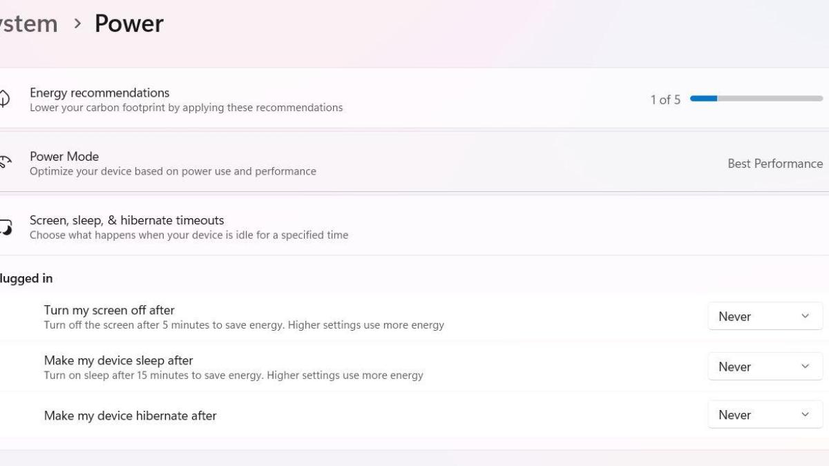A Windows 11 settings menu under the System / Power category shows options including Energy Recommendations, Power Mode and Screen, sleep & hibernate timeouts