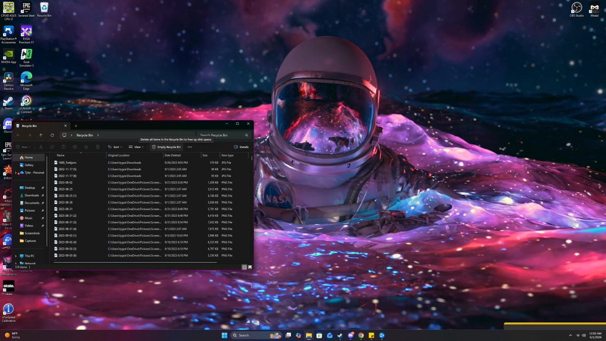 A Windows 11 desktop screen with game and screen recording shortcuts shown. The recycling can is open. The background features an astronaut wading through an iridescent purple ocean.