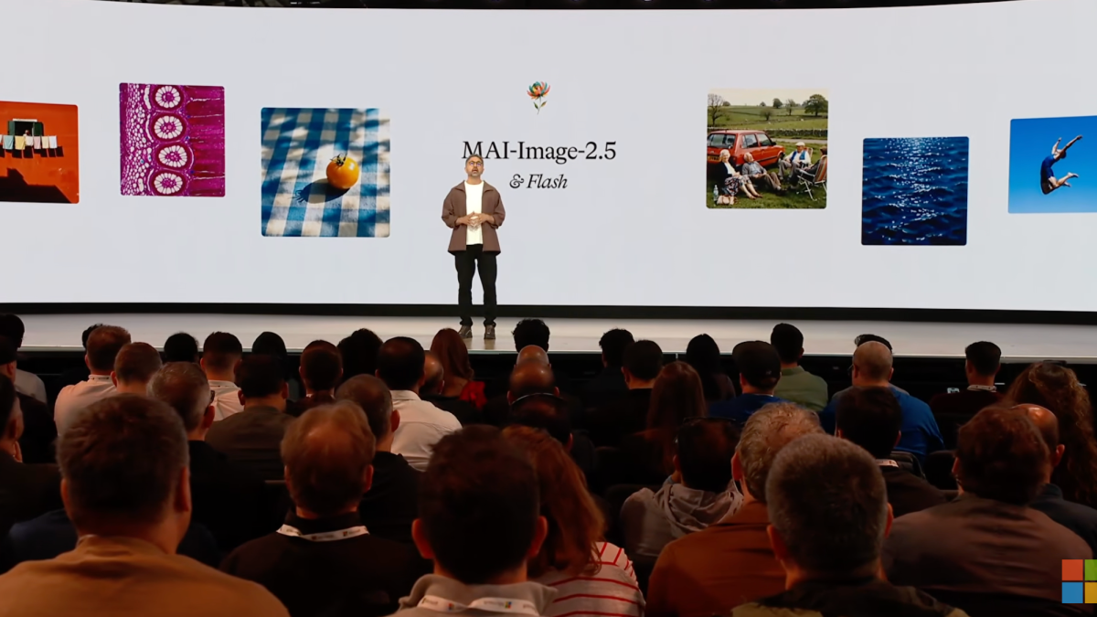 Mustafa Suleyman standing on stage in front of MAI Image 2.5 images