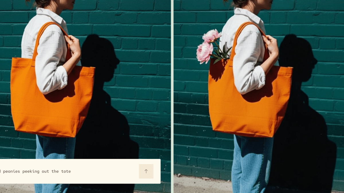Two images of a before and after, an orange tote with and without peonies in it