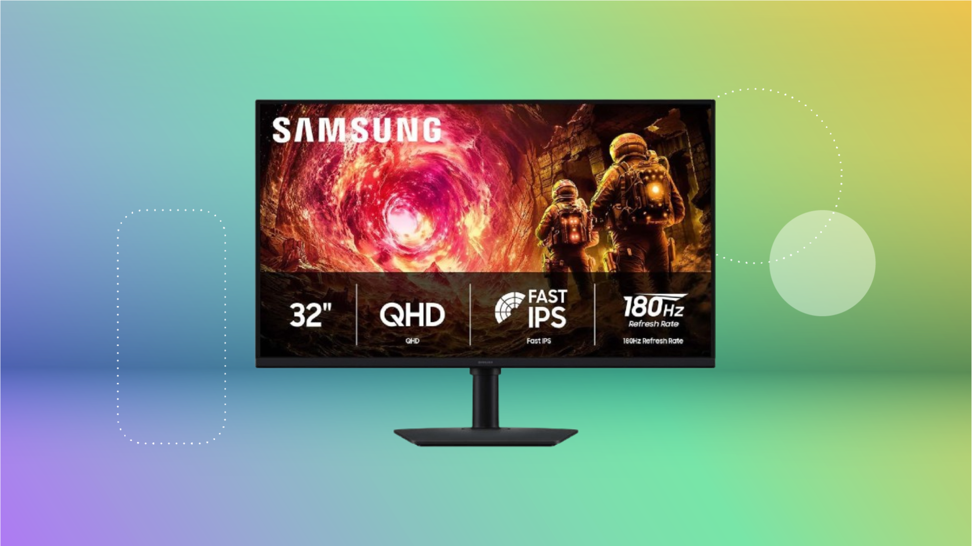 Black monitor on stand with purple, blue, green and yellow CNET background