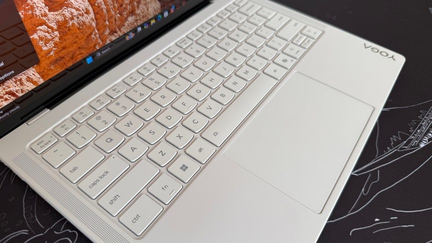 A close up shot of the Yoga Slim 7i Ultra's keyboard and trackpad.