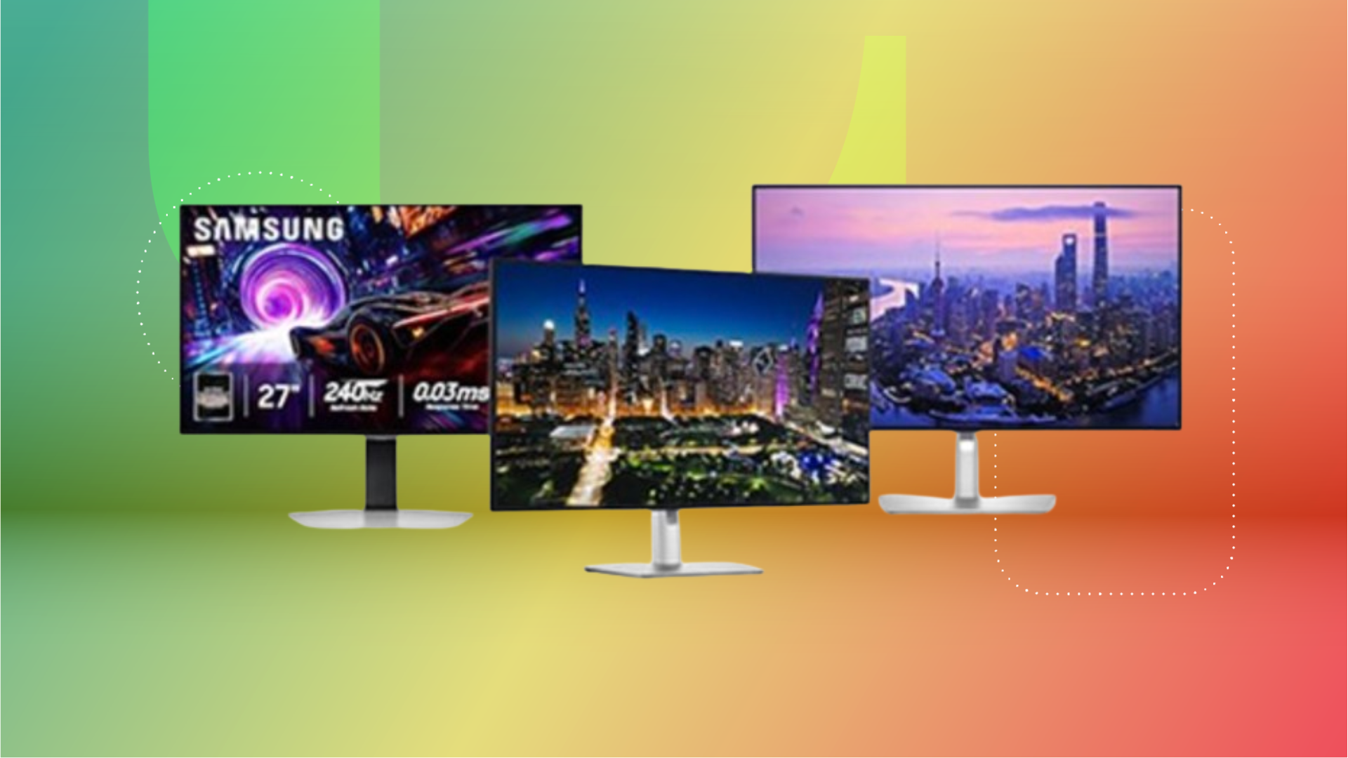 From left: monitor from Samsung, two monitors from Dell against green, yellow and red CNET background