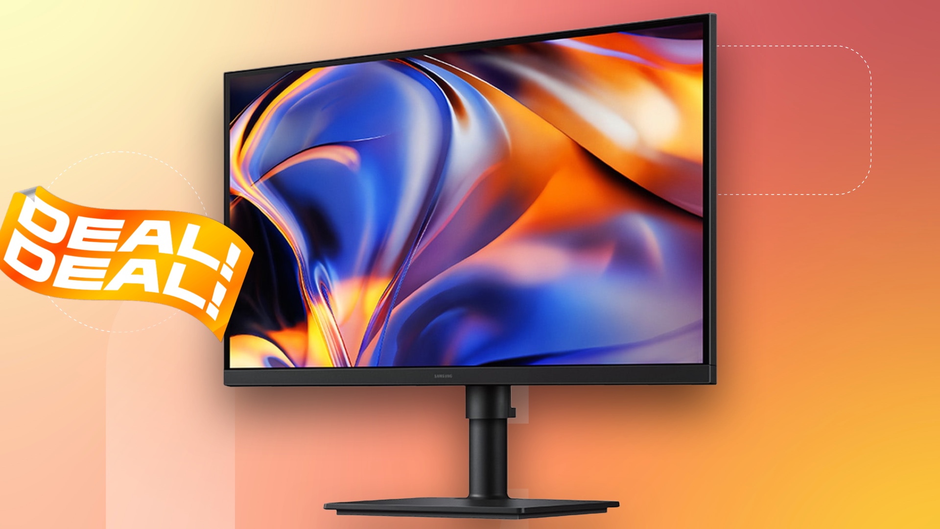 Samsung's 27-inch ViewFinity S8 5K monitor on display against an orange gradient CNET commerce background. There's also an orange sticker with the word "deal."