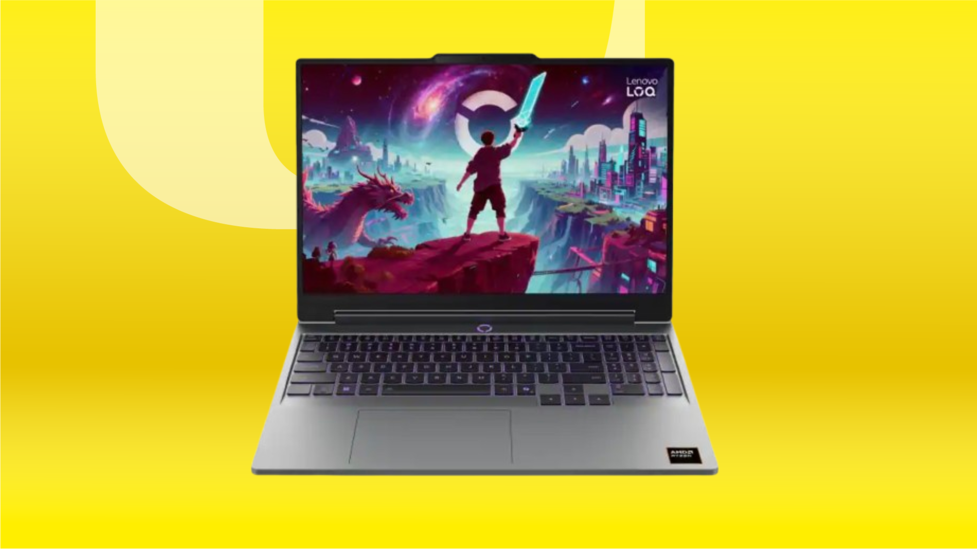 Grey laptop against yellow CNET background.