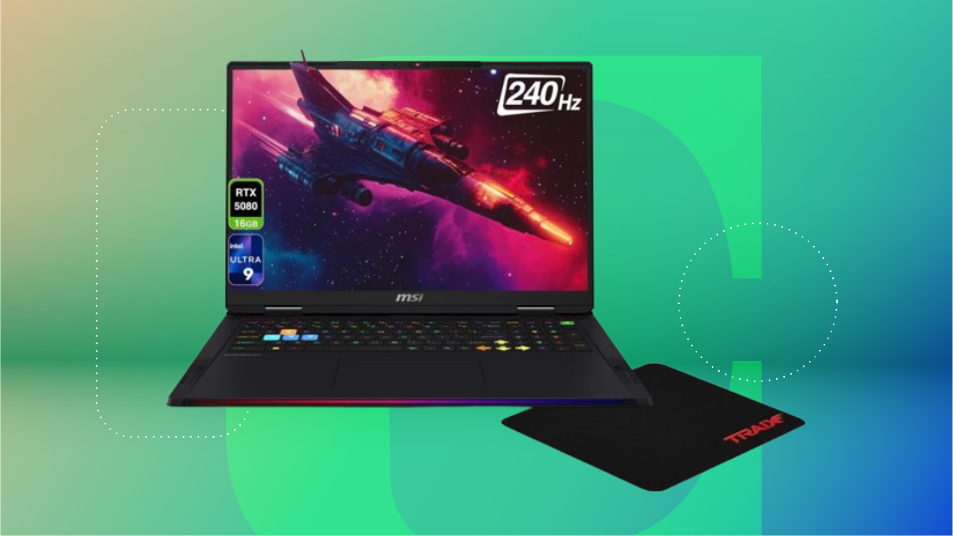 Black gaming laptop and mouse against green CNET background
